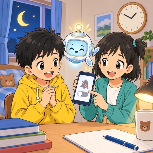 ミオとアイがそばに来て、通知をオフにする操作をやさしく見せている