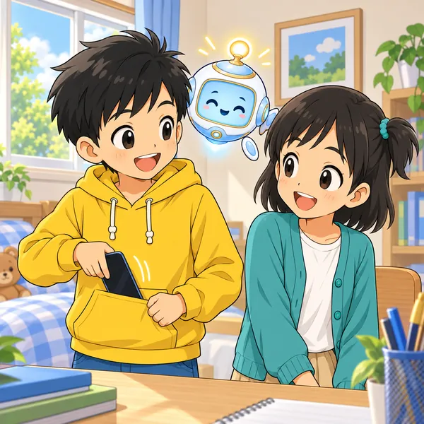 次の日の昼。ハルが元気な顔で、必要なときだけスマホを開いて、すぐ閉じている