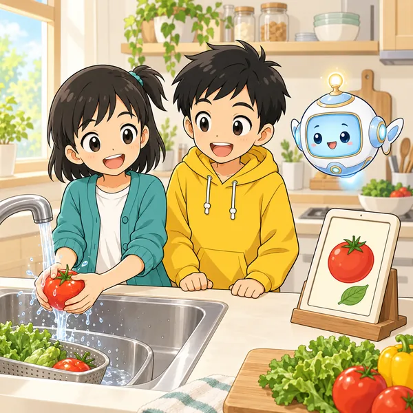 ミオの家の台所で、ミオが流しでトマトを洗い、ハルがとなりで見ている。
