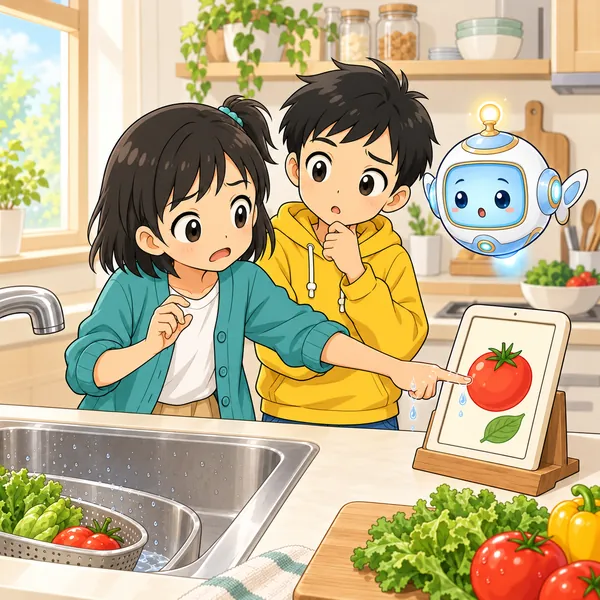 ぬれた指で画面をさわっても動かず、ミオがこまっている。
