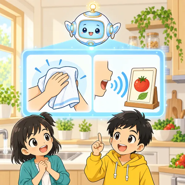 AIロボットが、タオルで手をふく絵と、声で操作する絵を窓に見せている。
