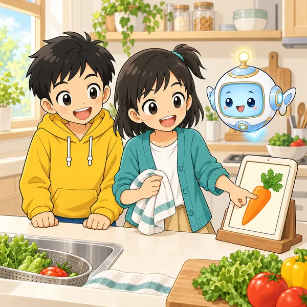 手をふいてからさわると画面が変わり、ミオとハル、AIロボットが笑顔になっている。