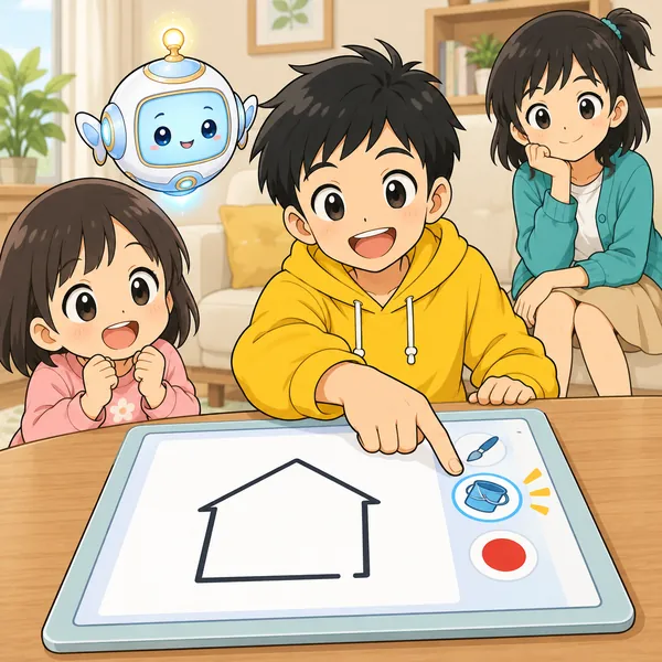 ハルが家の形を描き、色を流しこもうとしている。