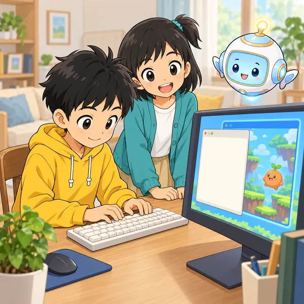 ハルがキーボードで文字を打ち、画面にはメモとゲームの2つの窓が出ている。