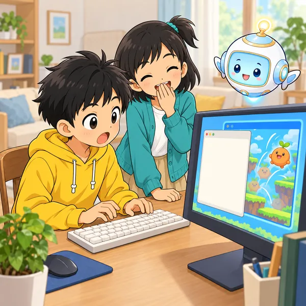 画面の中でゲームのキャラクターが勝手にはねていて、ハルがおどろいている。