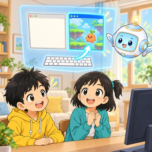 AIロボットが、明るくふちどられた窓にだけキーボードの光が入る絵を見せている。
