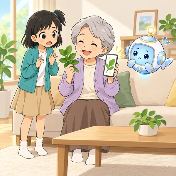 おばあちゃんが、スマホを見ながらつんできた草を持っている。