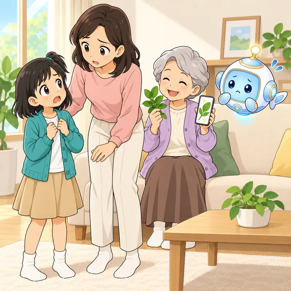 ミオが、困った顔でお母さんを見ている。