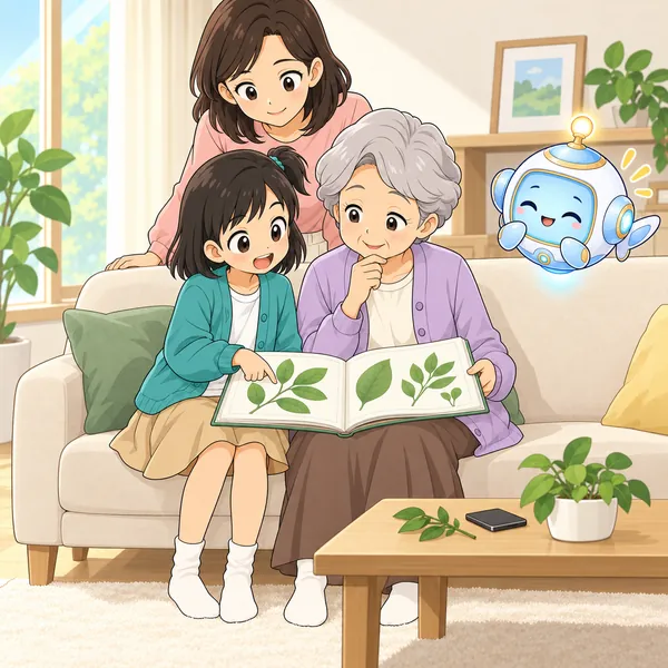 ミオとおばあちゃんが、いっしょに植物の本を見ている。