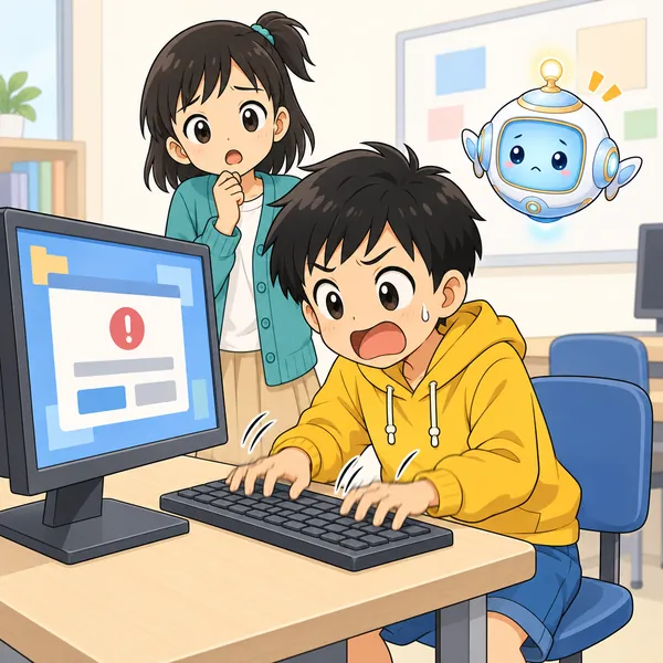パソコン教室。ハルの画面に見たことのない画面が出て、ハルがあわててキーボードをめちゃくちゃに連打している