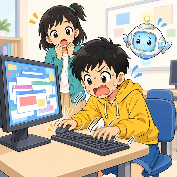 ハルがさらにあせって、いろいろなボタンを次々に押し、状況が悪くなっている様子