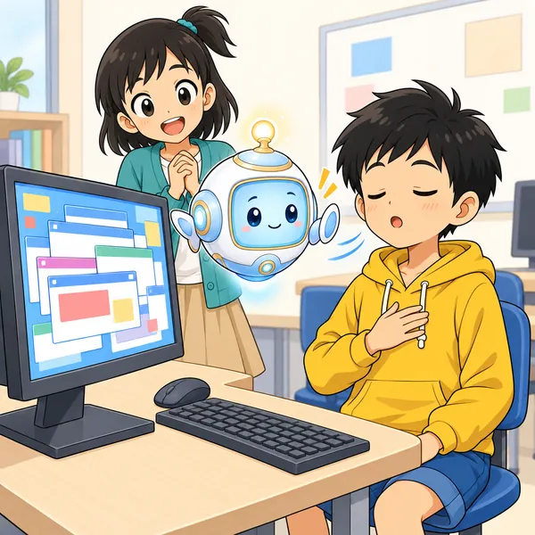 アイがハルの前にふわりと出て、手を止めるようにやさしく示している