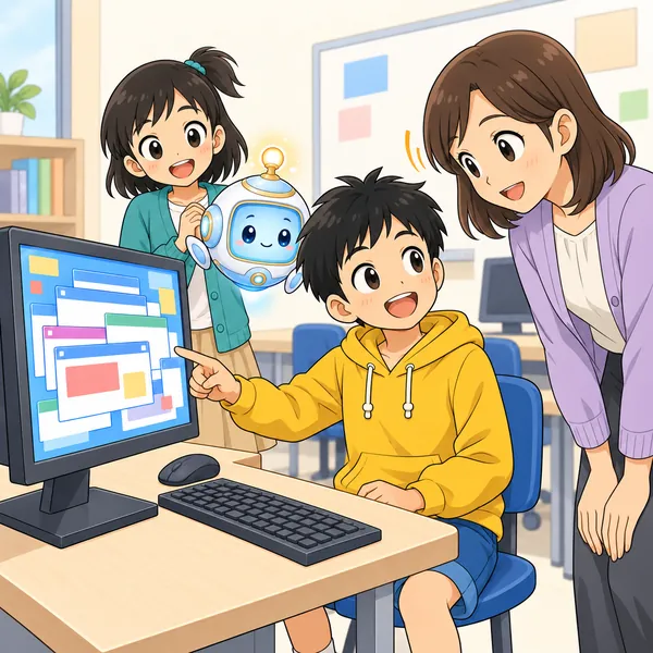 ハルが落ち着いて画面を指さし、先生に状況を伝えている