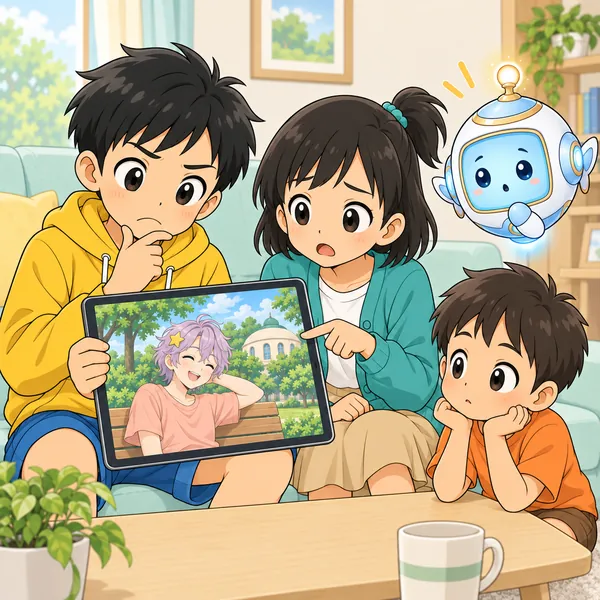 ミオが、お休みの日の写真だよと、こまった顔で指さしている。
