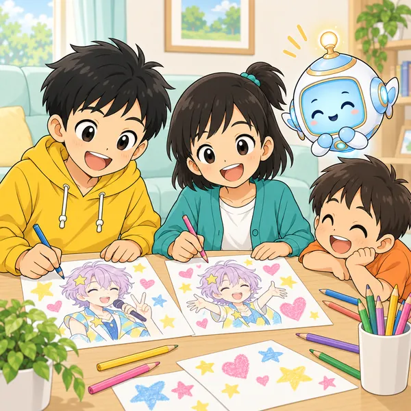 ハルとミオが、推しへのファンレターの絵を描いている。