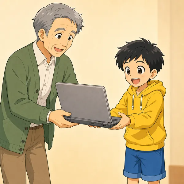 4コマ「PCバンクのおじいちゃん」の1コマ目