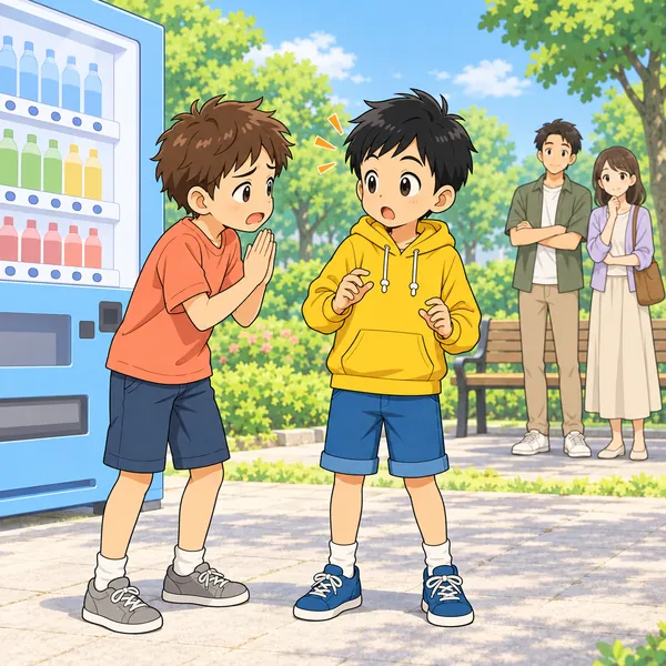 公園の自動販売機の前で、友だちがハルに手を合わせてお金をかしてとたのんでいる。