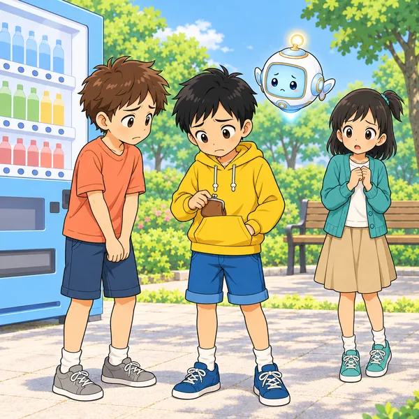 ハルが小銭入れに手をやり、ことわったらどう思われるか迷っている。