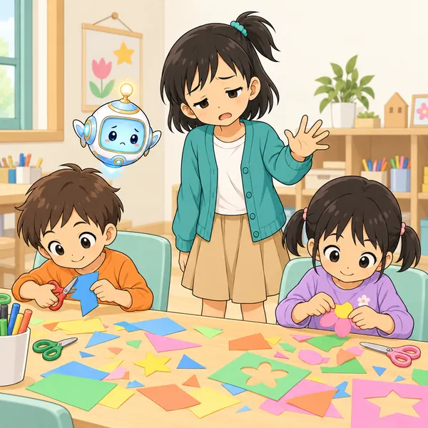 ミオが年下の子たちに声をかけるが、みんな作業に夢中で気づかない。