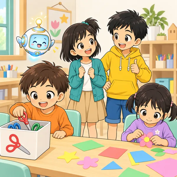 机のはしのはさみの箱に、年下の子がはさみをもどし、ミオとハルが喜んでいる。