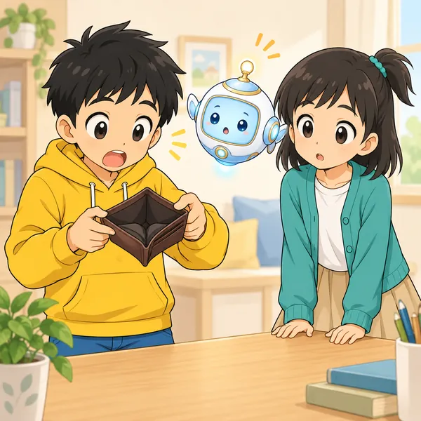 ハルが財布を開けて、おこづかいがもう残っていないことにおどろいている