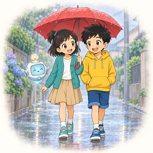先週の雨の日、ミオがハルをかさに入れてくれた思い出の場面。