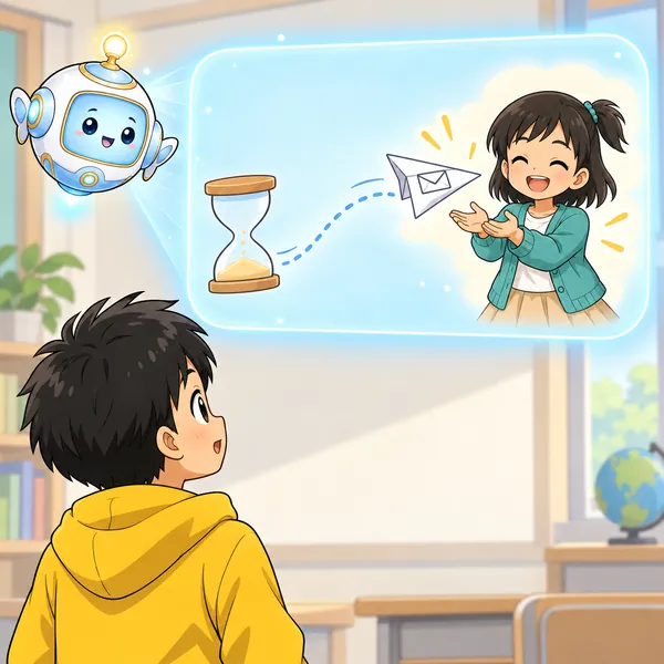AIロボットが、おくれて出た紙ひこうきが相手にとどく絵を見せている。