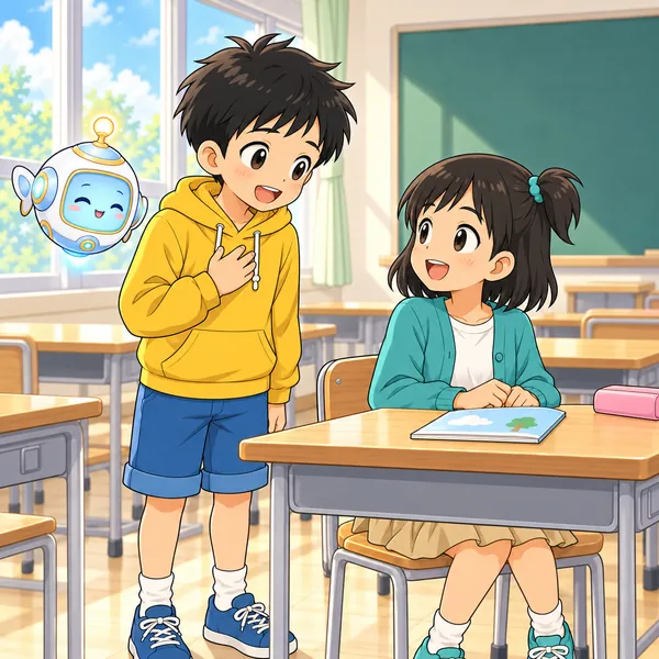 ハルがかさのお礼を伝え、ミオがにっこりしている。