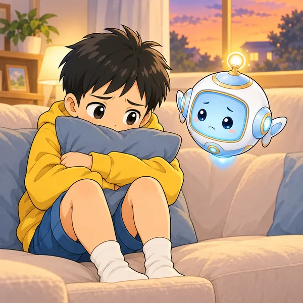 ハルがソファーのすみで、だまっていようか考えこんでいる。