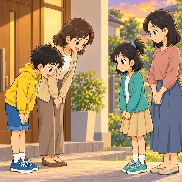 ハルが母といっしょに、注文してくれた女の子と母親に頭を下げて話している。