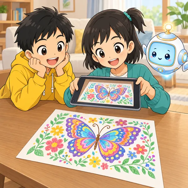 ミオがテーブルで細かい模様の絵をタブレットで撮り、ハルが見ている。