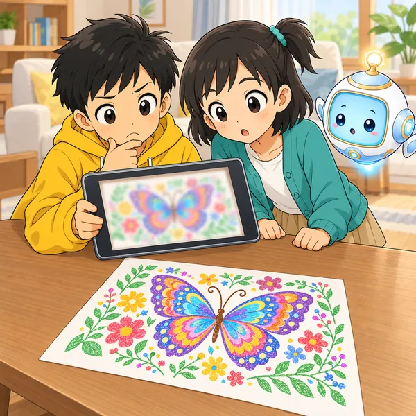ハルが自分のタブレットにうつったぼやけた絵を見て首をかしげている。