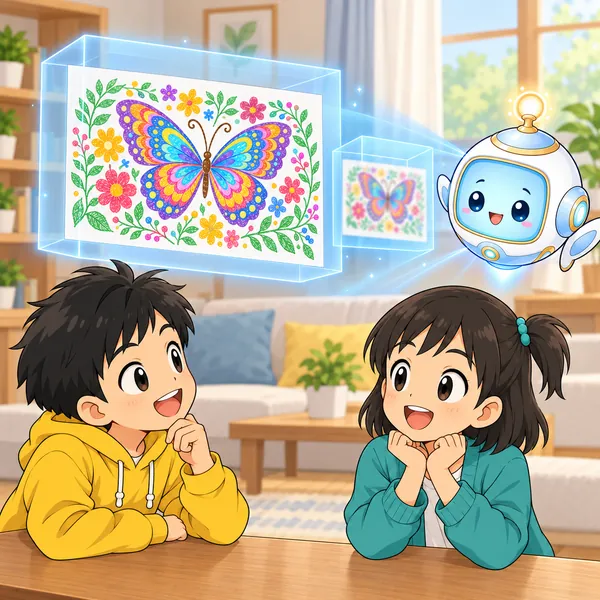AIロボットが、くっきりした絵とぼやけた絵の2つをうかべている。