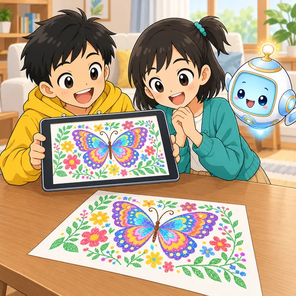 ハルのタブレットにミオの絵がくっきりうつり、2人が笑顔で見ている。