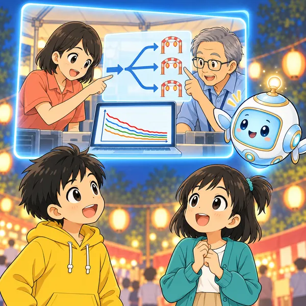 大きな矢印を細い矢印に分けた図ができ、グラフの線が少しずつ下がっている。