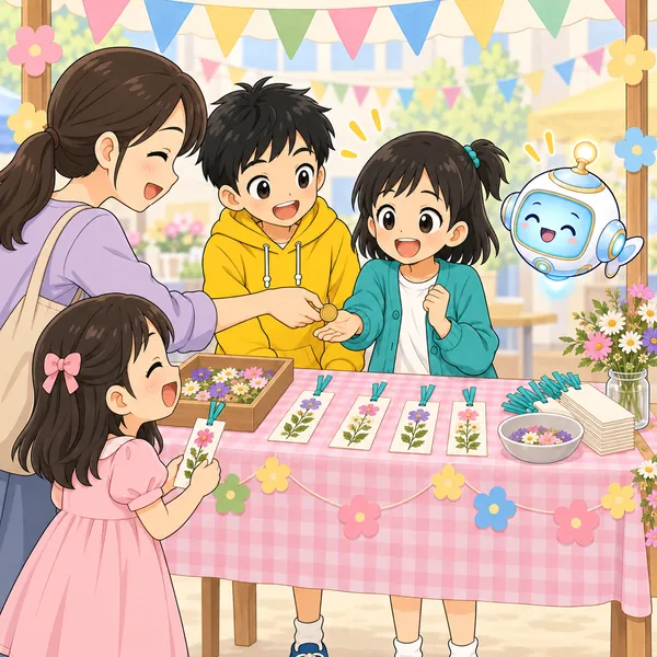 最初のお客さん（小さな女の子とお母さん）がしおりを買ってくれて、ミオが驚きと喜びの顔