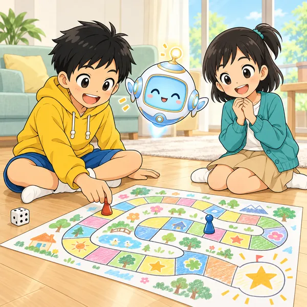 ハルとミオが手作りのすごろくで遊んでいる。