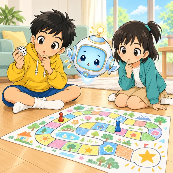 ハルがサイコロを持って首をかしげている。