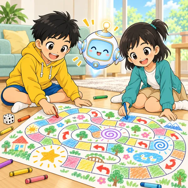 ハルとミオが大きな紙に新しいすごろくをかいている。