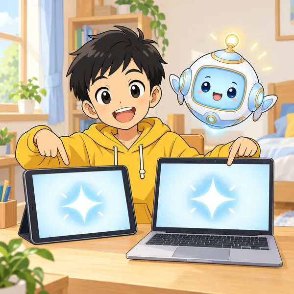 ハルが、二つの画面に同じ答えが出て、満足そうに指さしている。
