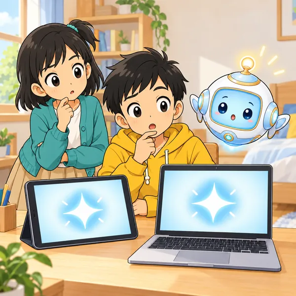ミオが首をかしげて、二つの画面を見ている。