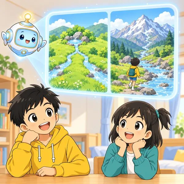 AIロボットが、2本の小川が同じいずみから流れている絵を見せている。