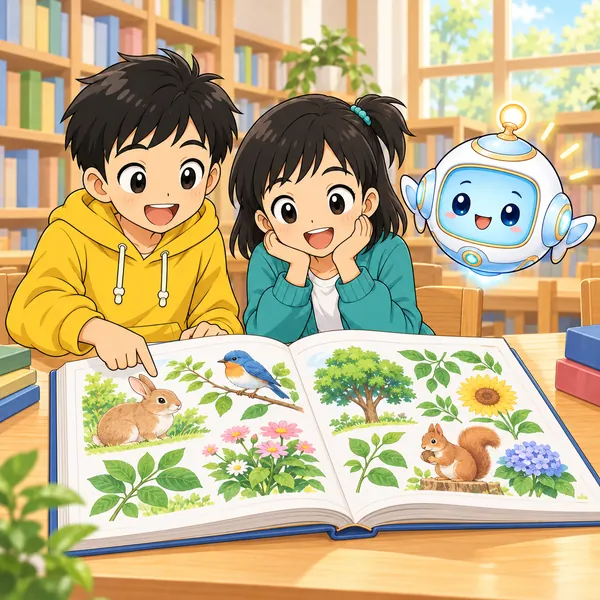 ハルとミオが、図書館で図鑑を開いて確かめている。
