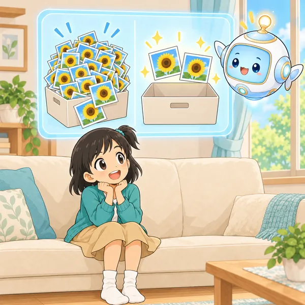 AIロボットが、写真があふれる箱と、二枚だけ残した箱の絵を見せている。