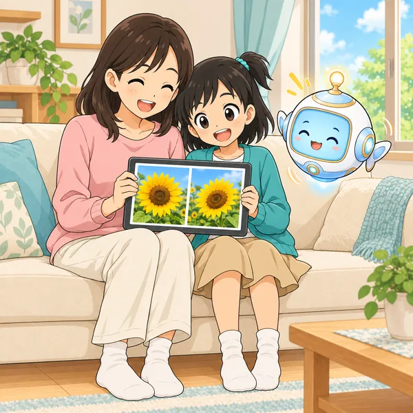 ミオと母が、えらんだ二枚の写真を見て笑っている。