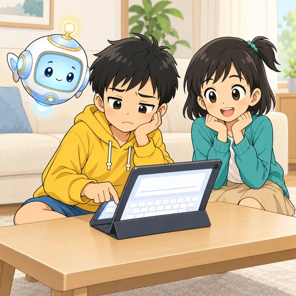 ハルがタブレットのキーボードを指1本でゆっくり打ち、ミオがとなりで見ている。