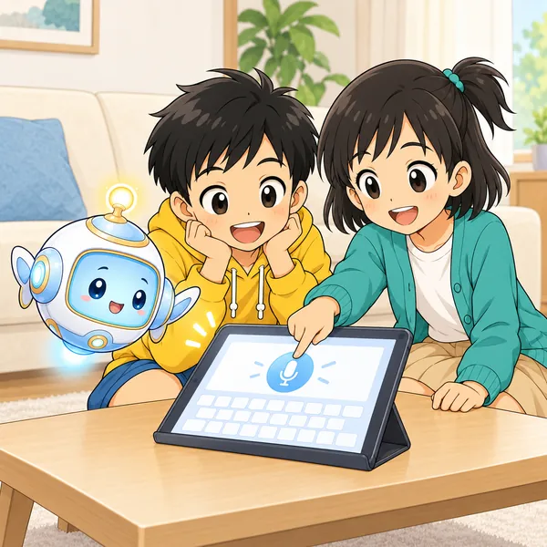 ミオがマイクのボタンを指さして教え、AIロボットがそばにいる。