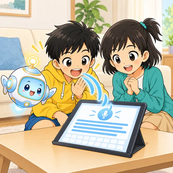 ハルがタブレットに話しかけると、声が画面に吸いこまれて文字の列が並んでいく。