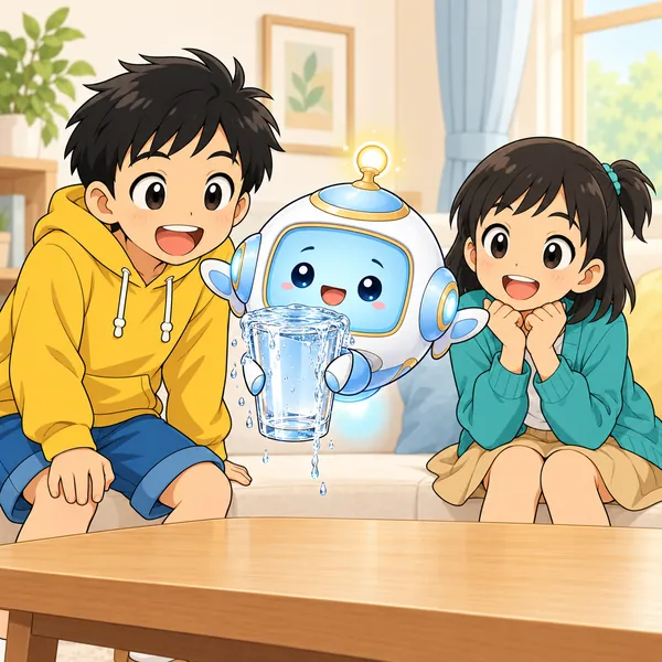 AIロボットが水があふれるコップを見せている。