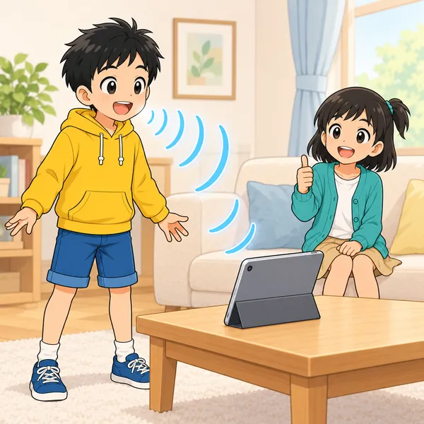 ハルがタブレットから少しはなれて歌い、ミオが親指を立てて笑っている。